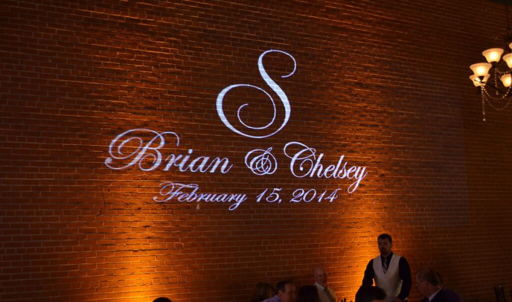 12-West-Main-Mesa-Purple-Amber-Wedding-Lighting-Custom-Monogram-Gobo-Cake-Spot-Light-021514-KarmaEventLighting.com5_